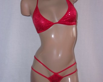 Sexy A/B cup top double strap V back thong bikini 2 piece set with one size fits most thong exotic pole dancer costume Red sequin