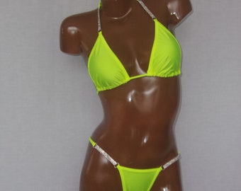 Sexy rhinestone strap V back thong bikini 2 piece set for exotic pole dancer outfit