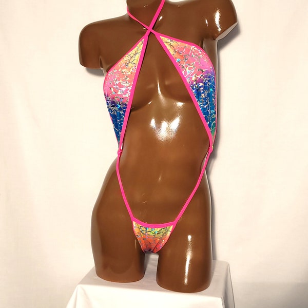Sexy cross front thong bodysuit for exotic dancer costume one size fits most tie dye hologram print