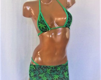 Sexy 3 piece mini flat skirt and thong set for exotic pole dancer outfit pot leaf print