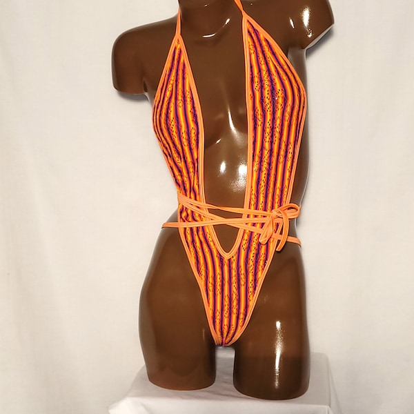 Deep V plunge wrap around thong bodysuit  for exotic dancer outfit Orange and Purple stripes one size fits most