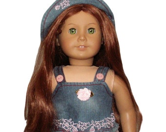 ¡CERRAR! Conjunto capris con top de encaje rosa y mezclilla con sombrero para muñeca American Girl Size de 18"