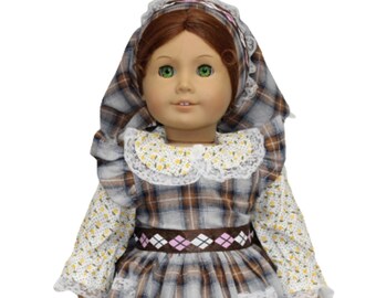 CLOSEOUT! Plaid Apron & Floral Pioneer Dress Pantaloons Scarf fit American Girl Size Doll