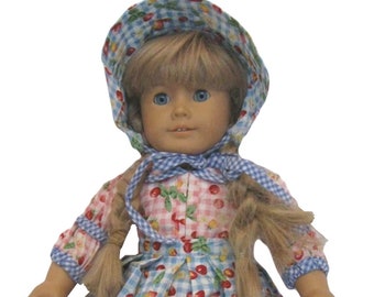 Cherry Print Pioneer Dress Hat Apron & Pantaloons fit American Girl Size Doll