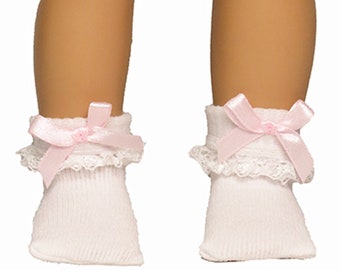 White Lace Anklet Socks w/ Pink Bows fit 18" American Girl Size Doll