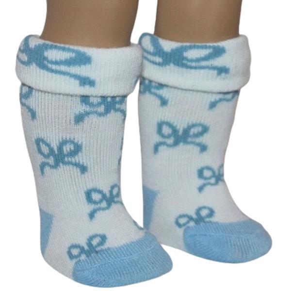 White w/ Blue Ribbon Bows Knee High Socks fit 18" American Girl & Bitty Baby Size Doll