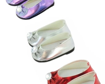 Silver Red Purple Gold or Rose Pink Metallic Ballet Flats w/ Rhinestone Shoes fit 18" American Girl Size Doll