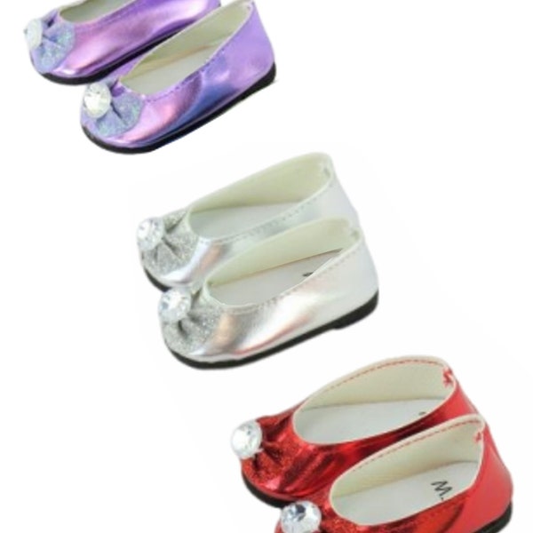 Silver Red Purple Gold or Rose Pink Metallic Ballet Flats w/ Rhinestone Shoes fit 18" American Girl Size Doll