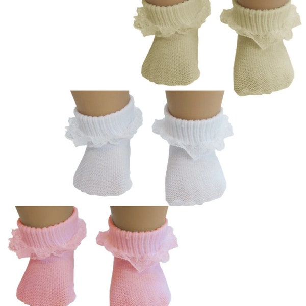 White Pink or Ecru Anklet Socks w/ Lace fit 18" American Girl Size Doll