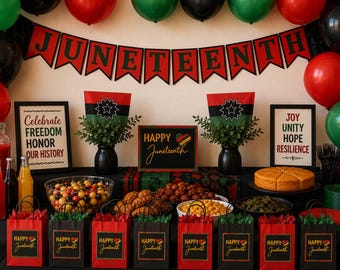 Paquete imprimible de decoraciones para fiesta de Juneteenth / Pancarta, etiquetas para bolsas de regalos, centros de mesa y letrero de mesa / Descarga instantánea del paquete para fiesta de Juneteenth