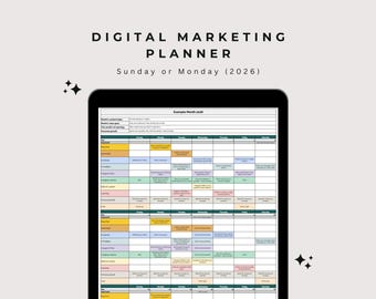 Pianificatore di marketing digitale 2026, modello di piano di marketing, calendario di marketing, piano dei contenuti Excel, foglio di calcolo per i social media, piano per newsletter