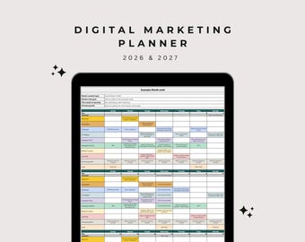 Planner di marketing digitale 2026 e 2027, modello di piano di marketing, calendario di marketing, piano dei contenuti, foglio di calcolo per i social media, piano di newsletter