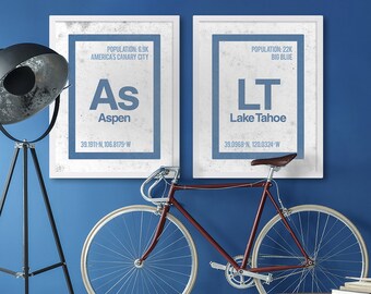 Aspen Colorado Art Print Lake Tahoe Print Snow Town Prints in Periodic Table of Elements Style Blue Wall Decor Large Art Modern Art Hipster