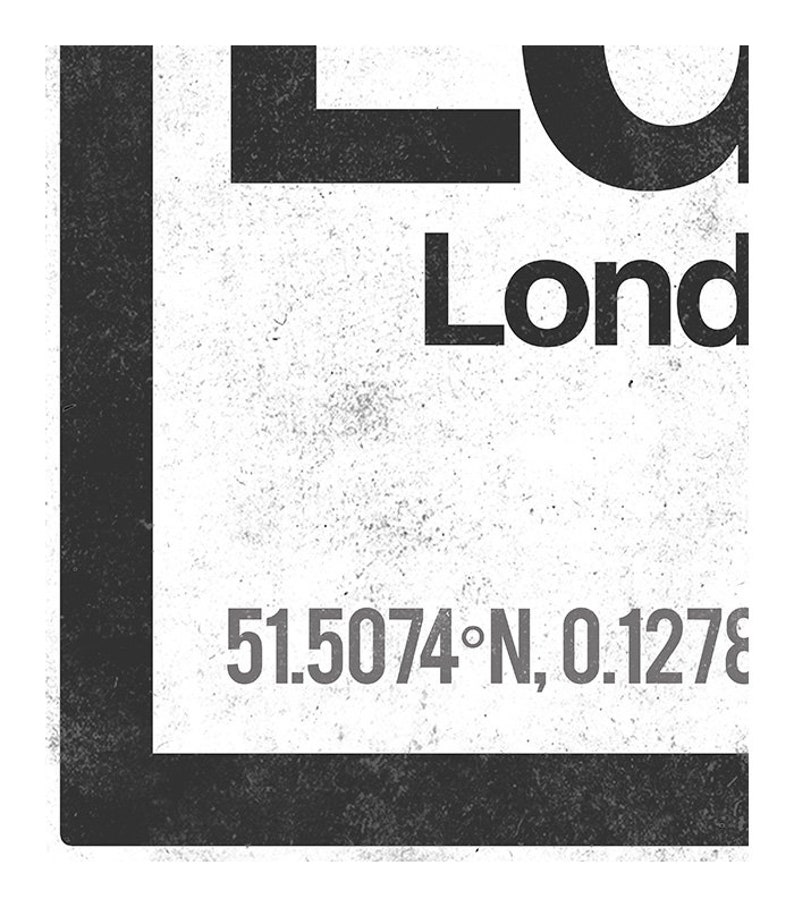 Op de afbeelding: Een zwart-wit grafisch ontwerp met het woord "Lond" en de co&ouml;rdinaten "51.5074&deg;N, 0.1278&deg;E".