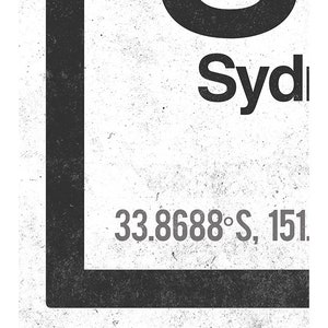 Op de afbeelding: Zwart-wit grafisch ontwerp met het woord "Sydney" en de co&ouml;rdinaten "33.8688&deg;S, 151.2093&deg;E".