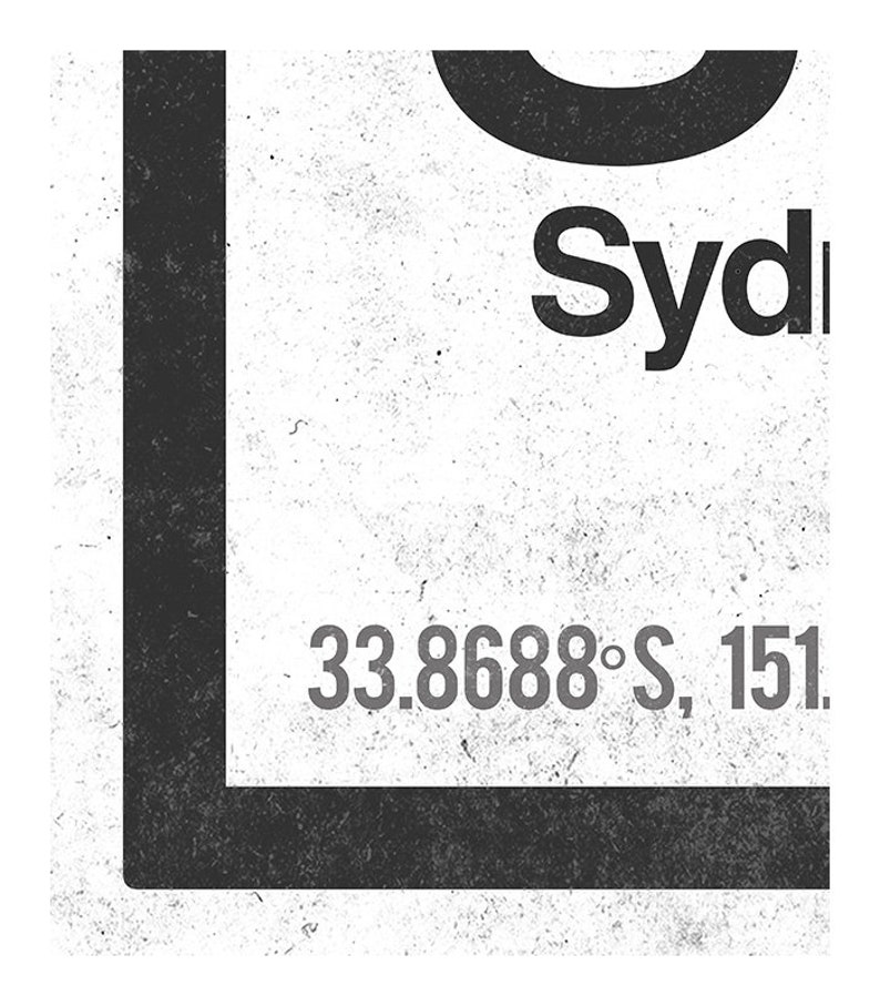 Op de afbeelding: Zwart-wit grafisch ontwerp met het woord "Sydney" en de co&ouml;rdinaten "33.8688&deg;S, 151.2093&deg;E".