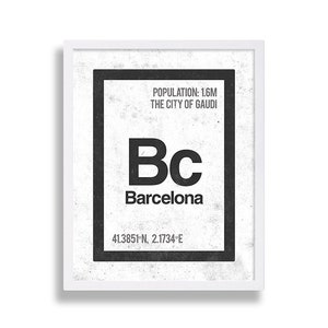 Op de afbeelding: Een zwart-wit grafisch ontwerp van de stad Barcelona, Spanje. Het ontwerp is in de stijl van een element uit het periodiek systeem, met de naam van de stad en de bevolkingsomvang. De co&ouml;rdinaten van Barcelona zijn ook opgenomen.