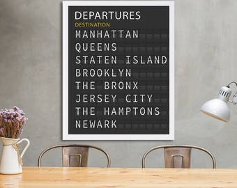 New York City Departure Board Travel Poster Modern Art Print Train Station Board Large Art Five Boroughs The Hamptons Manhattan Brooklyn