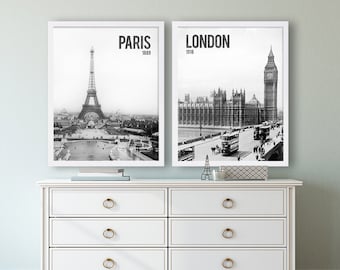 Art Prints Paris and London Photo Print Black and White Wall Art Living Room Decor Modern Decor Eiffel Tower Old Historic Photos Photography