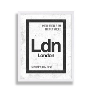 Op de afbeelding: Een zwart-wit grafisch ontwerp van een stedelijke element. De grafiek bevat de tekst "Ldn" met het woord "London" eronder. De tekst "Population: 8.8M The Old Smoke" staat bovenaan de grafiek. De co&ouml;rdinaten "51.5074&deg;N, 0.1278&deg;W" staan onderaan de grafiek.