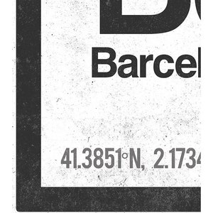 Op de afbeelding: Zwart-wit grafisch ontwerp met de tekst "Barcelona" en de co&ouml;rdinaten "41.3851&deg;N, 2.1734&deg;E".
