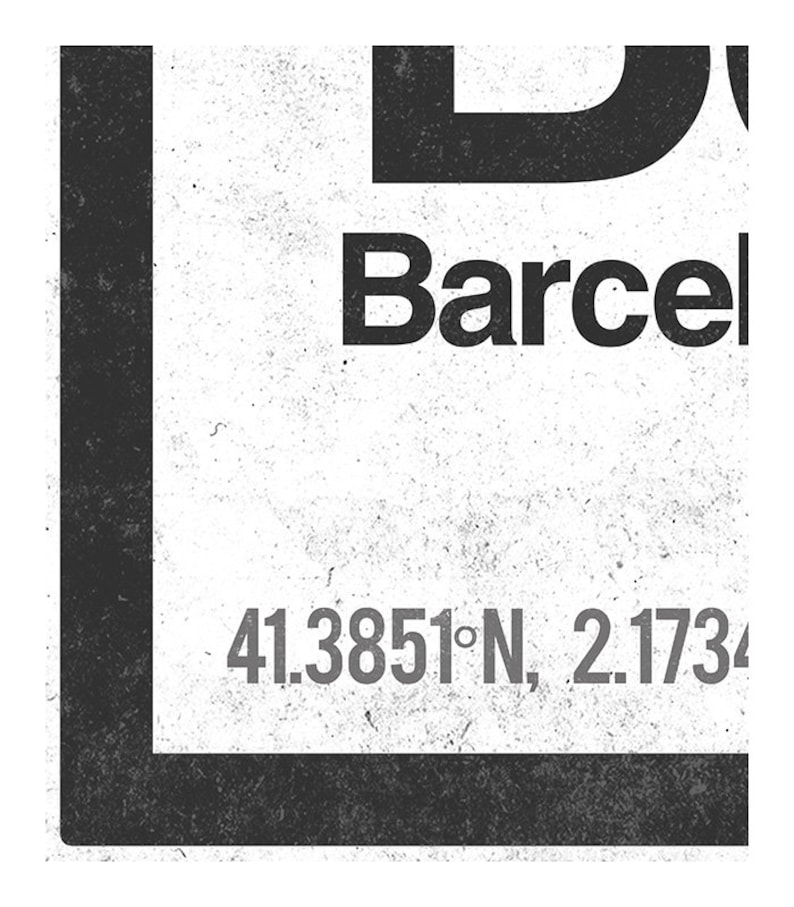 Op de afbeelding: Zwart-wit grafisch ontwerp met de tekst "Barcelona" en de co&ouml;rdinaten "41.3851&deg;N, 2.1734&deg;E".