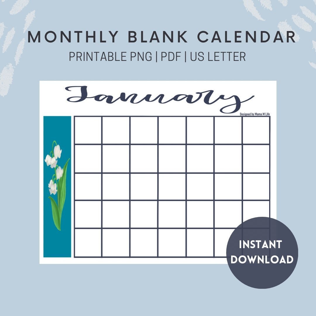 Printable Blank Monthly Calendar - Etsy