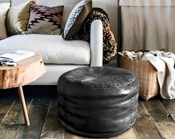 Leather Pouf Vintage Black