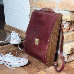 Leather and wood backpack and laptop bag