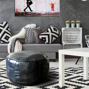 Leather Pouf Black