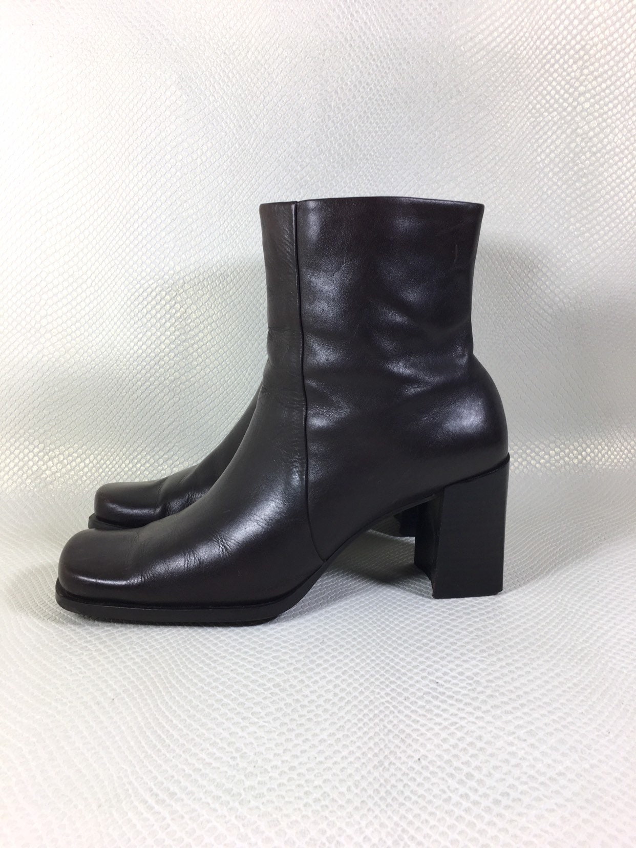 90s Vintage Square Toe Square Chunky Heel Brown Leather Boots 7.5 ...