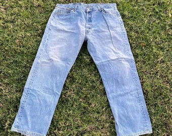 90s Y2k Levis Denim 501 Blue Jean Denim Distressed Heel 44x34 Button Fly Vintage