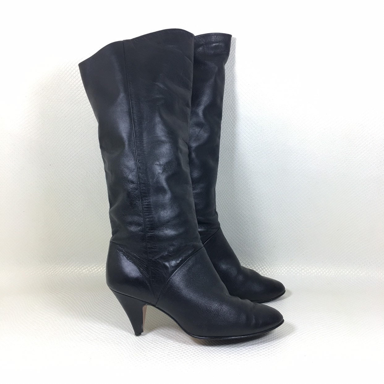 80s Vintage Round Toe Cone Heel Soft Black Leather Knee High Boots 7 ...
