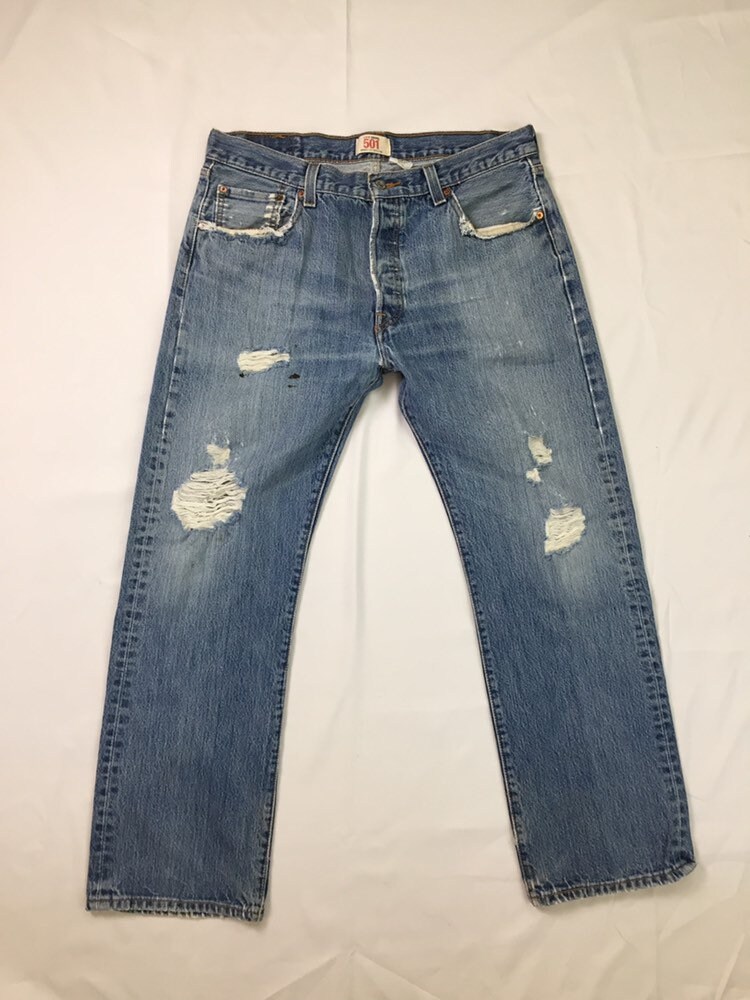 Y2K Vintage Distressed Levis 501 Jeans 36 x 30, Slashed Denim Levis ...