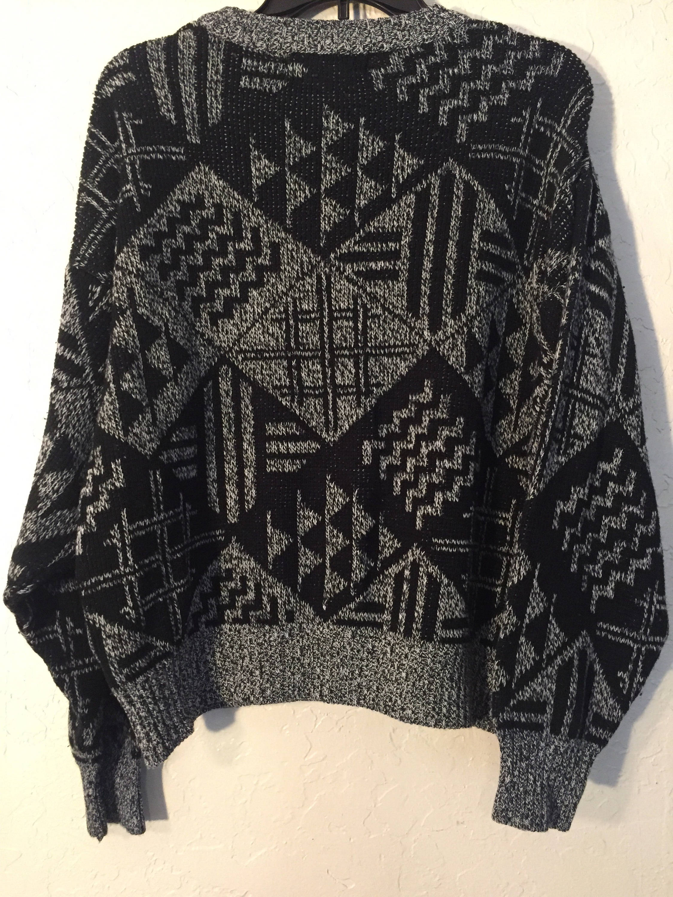 90s Vintage Black and Grey Geometric Print Knit Oversized Pullover ...