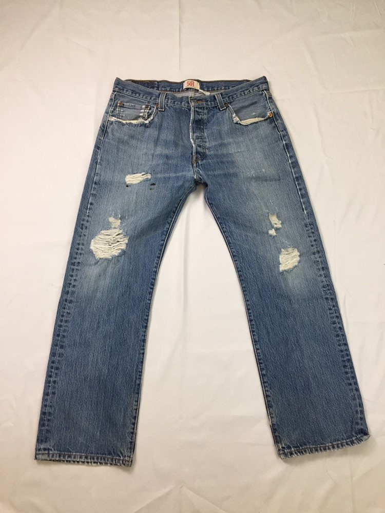 Y2K Vintage Distressed Levis 501 Jeans 36 x 30, Slashed Denim Levis ...