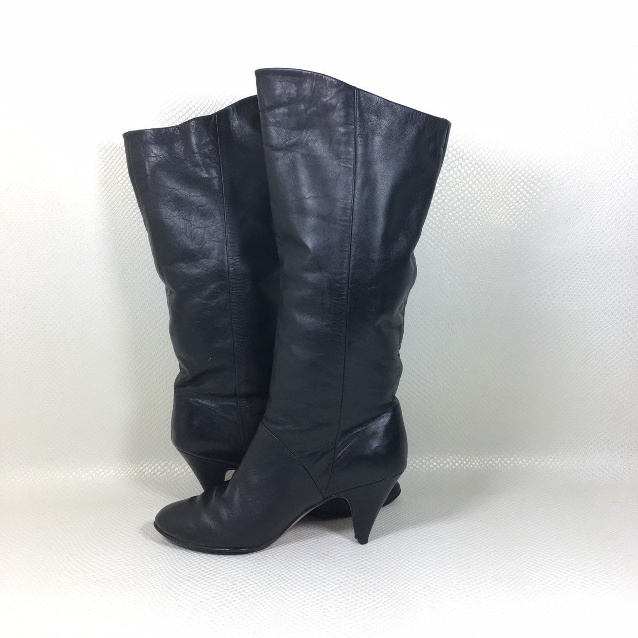 80s Vintage Round Toe Cone Heel Soft Black Leather Knee High Boots 7 ...