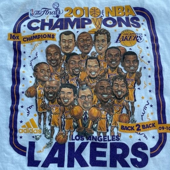 Vtg Lakers Adidas Caricature 2009 NBA Champions T Shirt White Kobe Bryant  Size M