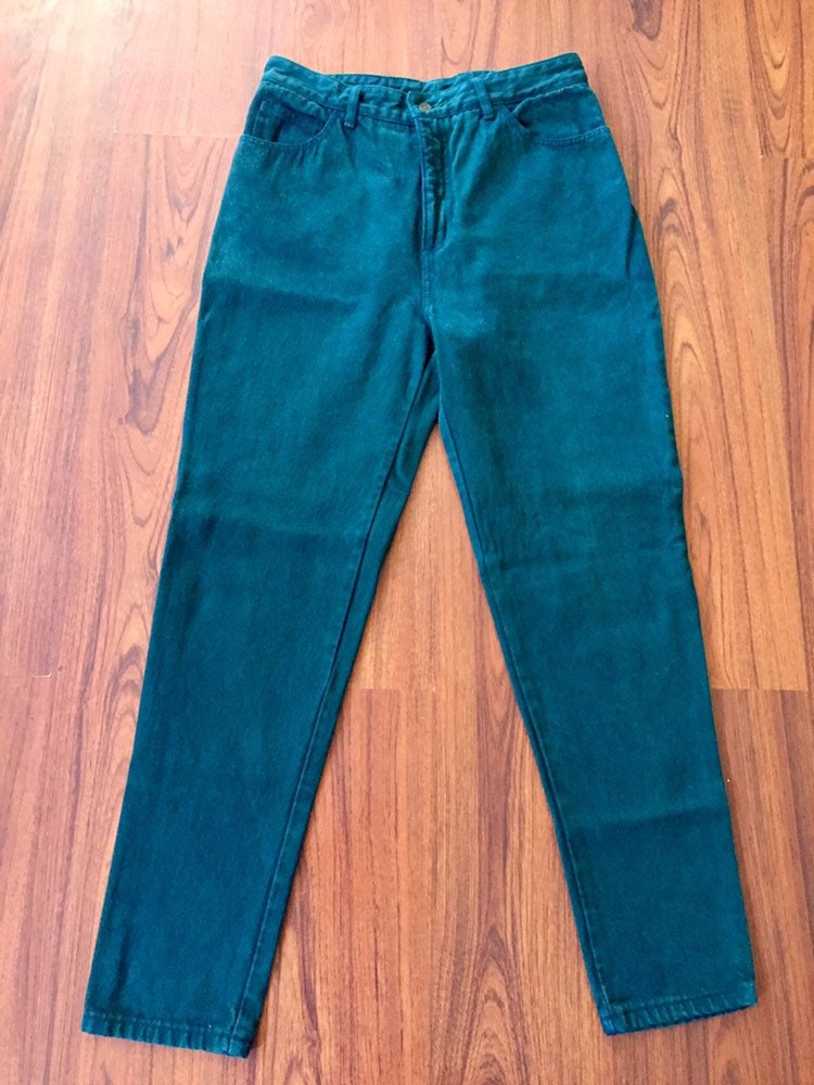 90s Vintage Forest Green High Waisted Jeans with Tapered Leg, 90s Mom Jeans, Vintage Green Denim