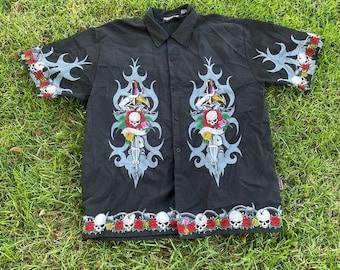 Y2k Vintage Button Down Sapphire Lounge Skulls Swords Roses Silky Tupe Shirt XL