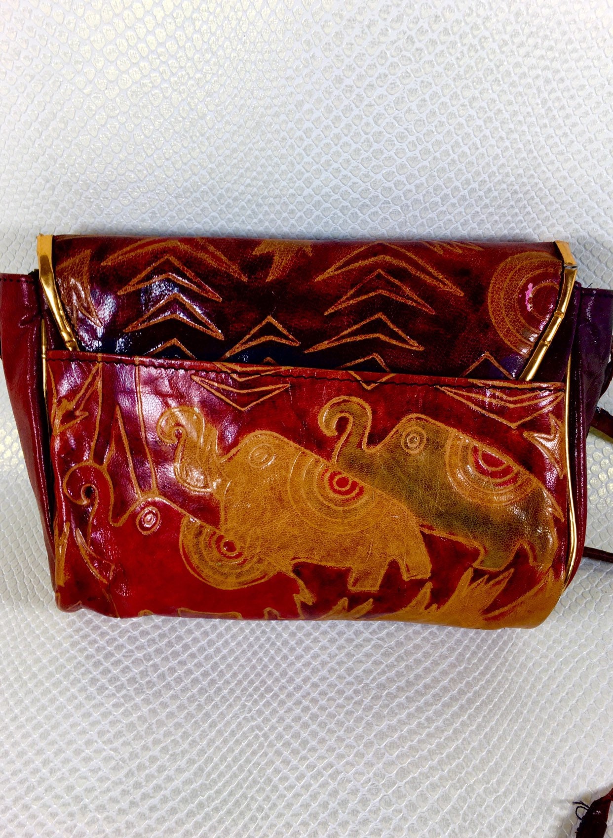 Vintage Boho Tribal Embossed Leather Crossbody Purse, Multi Colored