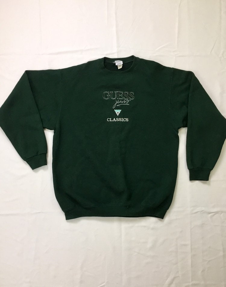 90s Vintage GUESS Jeans Big Logo Crewneck Pullover Forrest Green ...