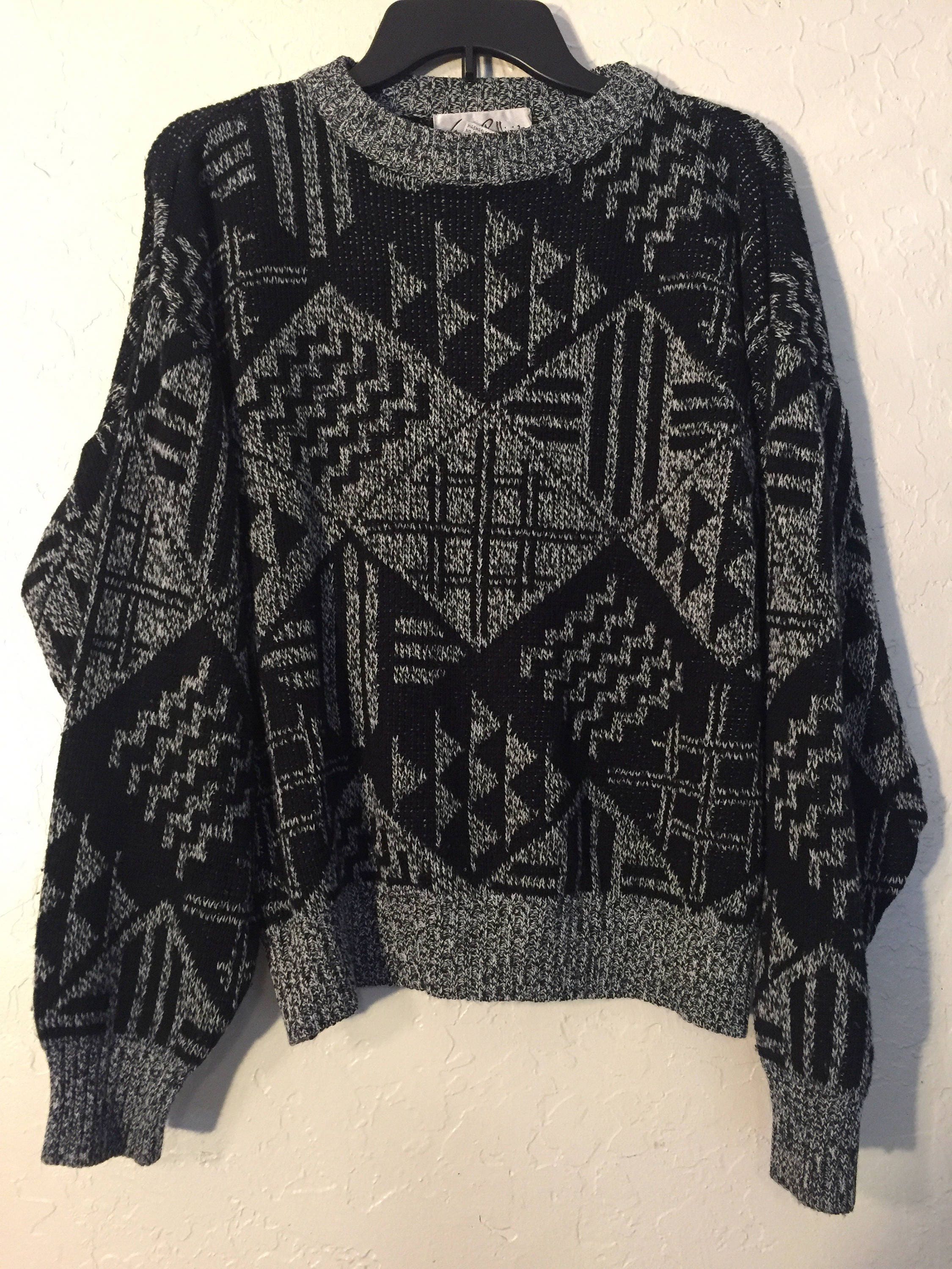 90s Vintage Black and Grey Geometric Print Knit Oversized Pullover