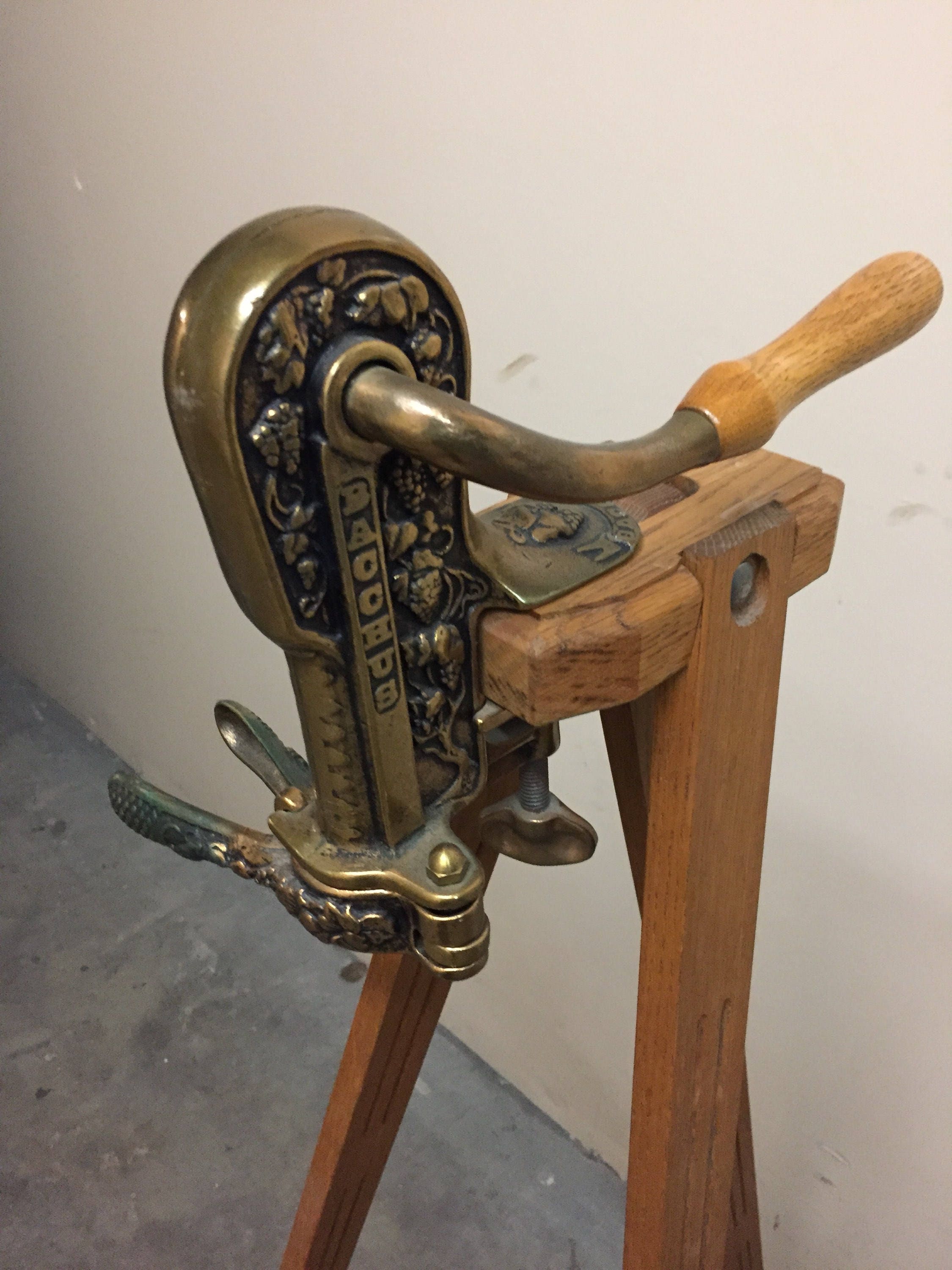 Vintage Bacchus Rogar Brass & Wood Counter Wine Bottle Opener Corkscrew  Wine Cork Puller with Oak Stand