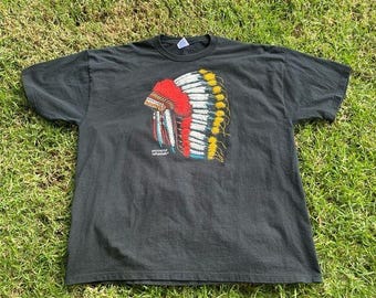 90s Vintage Indian Indigenous Tribal Head Dress Puff Print Chief Shirt XXL