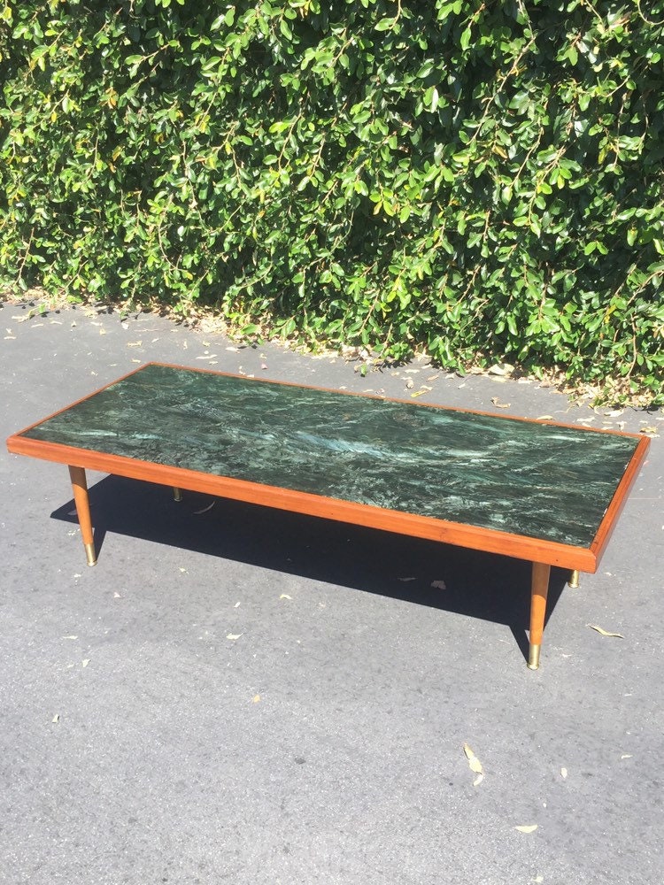 Mid Century Modern Green Marble Long & Low Coffee Table, MCM Coffee