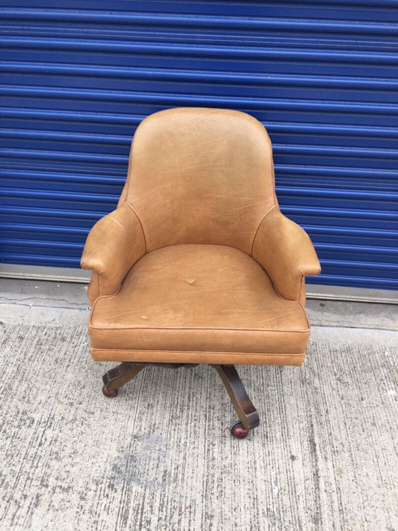 Vintage Bohemian Swiveling Office Chair Mid Century Rolling Bankers Boho Chic Tufted Desk Beige Tan Arm