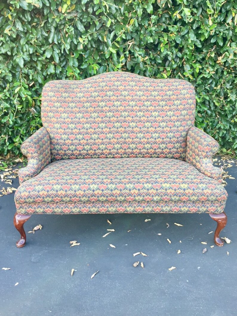 Vintage French Provincial Upholstered Settee Farmhouse Love Seat Oversized Highback Wingback Sofa Accent Small Couch