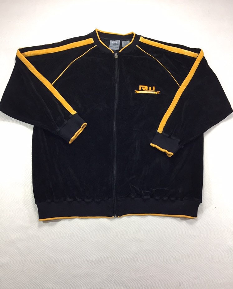 90s Vintage RocaWear Black Velour Gold Stripe Track Jacket 90s Vintage RocaWear Black Velour Gold Stripe Track Jacket