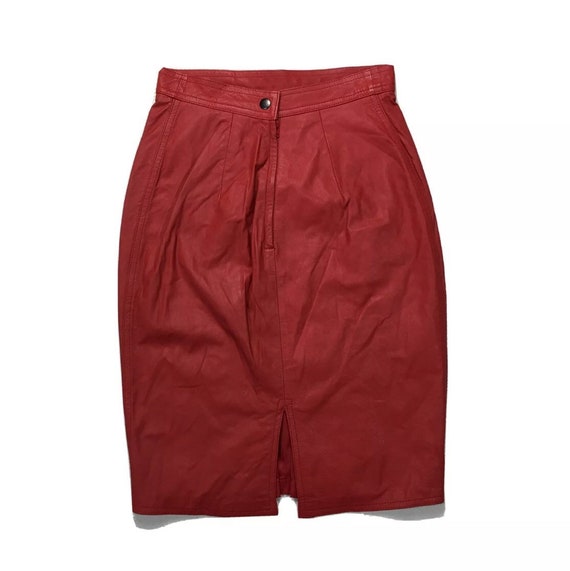 80s Vintage Red Leather High Waisted Pencil Skirt